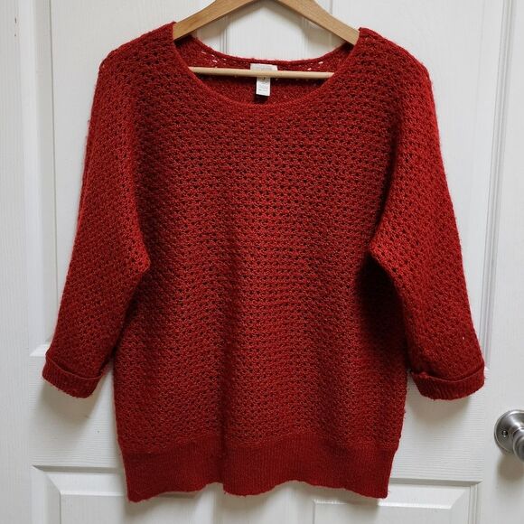 Chico's Sweater Womens XL Red Wool Mohair Blend Open Knit 3/4 Sleeve Pullover - Picture 1 of 8